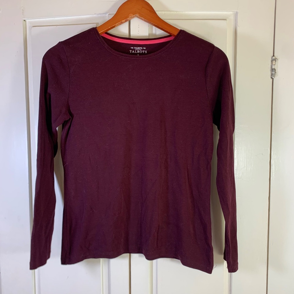 Talbots Womens Pima Cotton Long Sleeve Crew Neck Tee Burgundy Maroon Small
